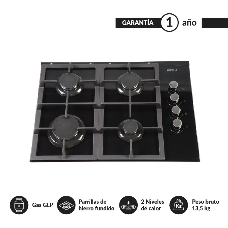 Encimera a Gas 4 Quemadores 60cm Crystal FDV