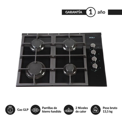 Encimera a Gas 4 Quemadores 60cm Crystal FDV