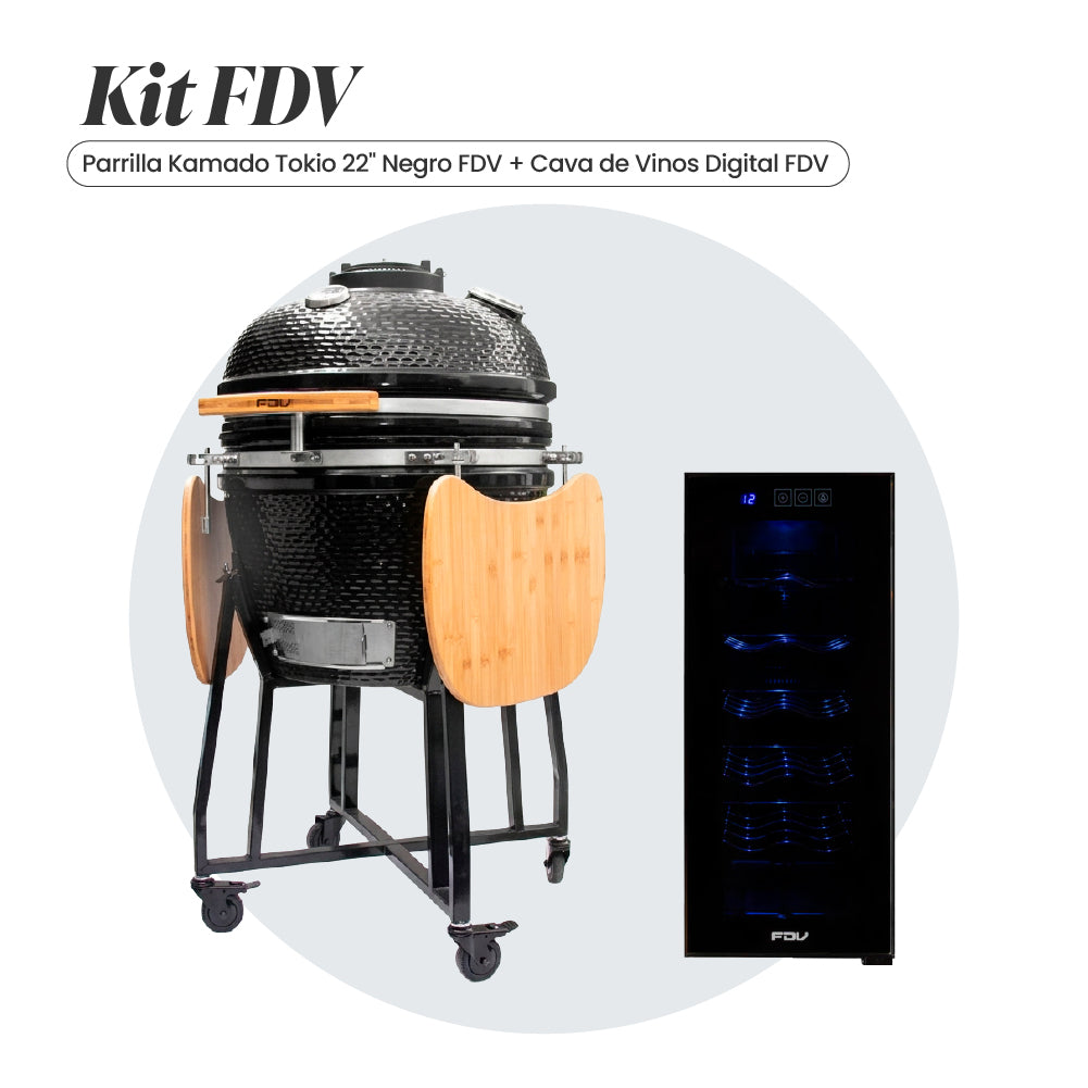 Combo Parrilla Kamado Tokio 22" Negro + Cava de Vinos 12 Botellas Digital FDV