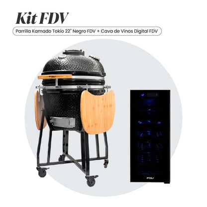 Combo Parrilla Kamado Tokio 22" Negro + Cava de Vinos 12 Botellas Digital FDV