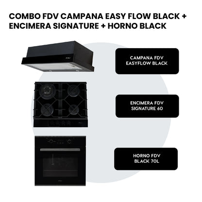 Combo Campana Extraible Easyflow Black 60 + Encimera a Gas 60cm Signature + Horno a Gas 70L Black FDV