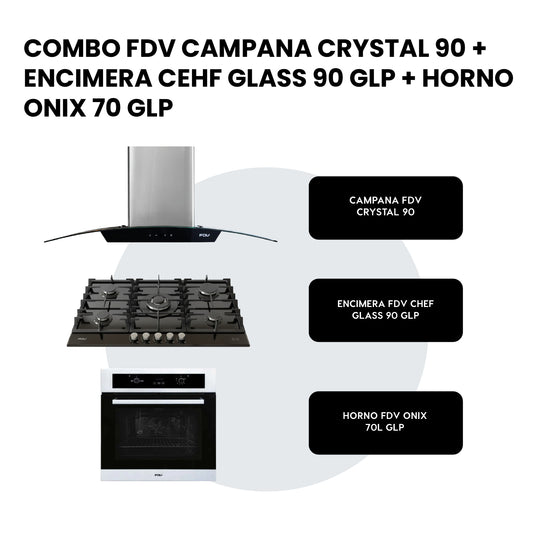 Combo Campana Crystal 90 + Encimera a Gas Chef Glass 90 + Horno a Gas Onix 70L FDV