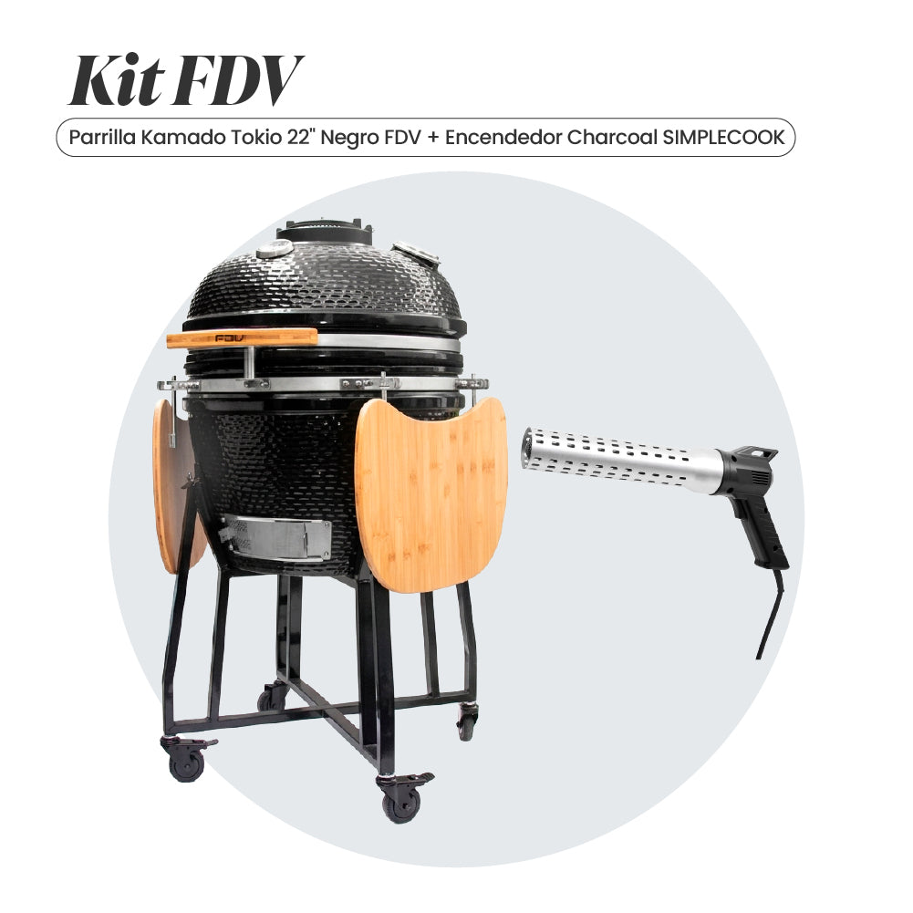 Combo Parrilla Kamado Tokio Negro 22" FDV + Encendedor Eléctrico de Carbon para Parrilla Charcoal SimpleCook