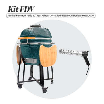 Combo Parrilla Kamado Tokio Azul 22" FDV + Encendedor Eléctrico de Carbon para Parrilla Charcoal SimpleCook