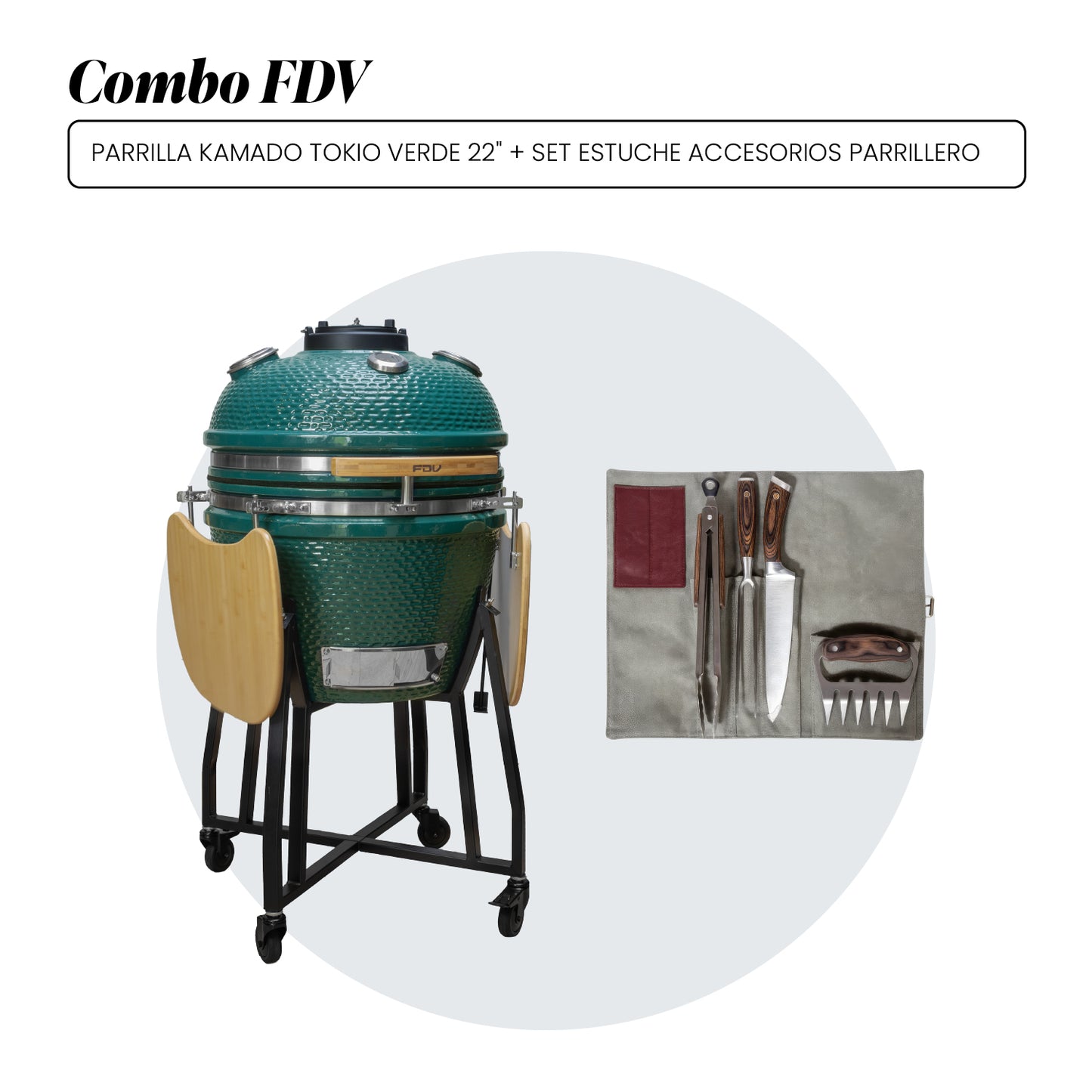 Combo Parrilla Kamado Tokio Verde 22" + Set Estuche Accesorios Parrillero FDV