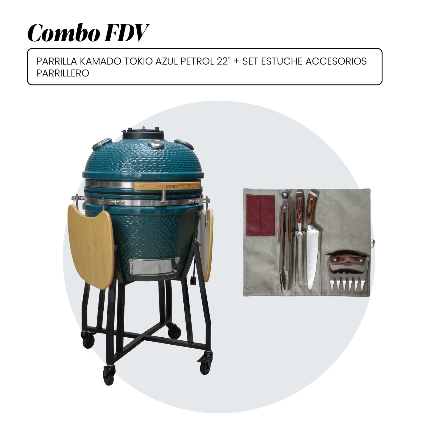 Combo Parrilla Kamado Tokio Azul Petrol 22" + Set Estuche Accesorios Parrillero FDV