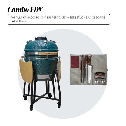 Combo Parrilla Kamado Tokio Azul Petrol 22" + Set Estuche Accesorios Parrillero FDV