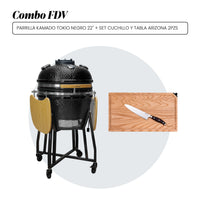 Combo Parrilla Kamado Tokio Negro 22" + Set Cuchillo y Tabla Arizona 2Pzas FDV