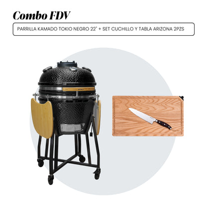 Combo Parrilla Kamado Tokio Negro 22" + Set Cuchillo y Tabla Arizona 2Pzas FDV