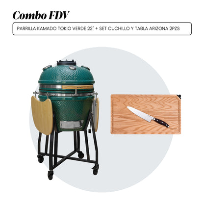 Combo Parrilla Kamado Tokio Verde 22" + Set Cuchillo y Tabla Arizona 2Pzas FDV