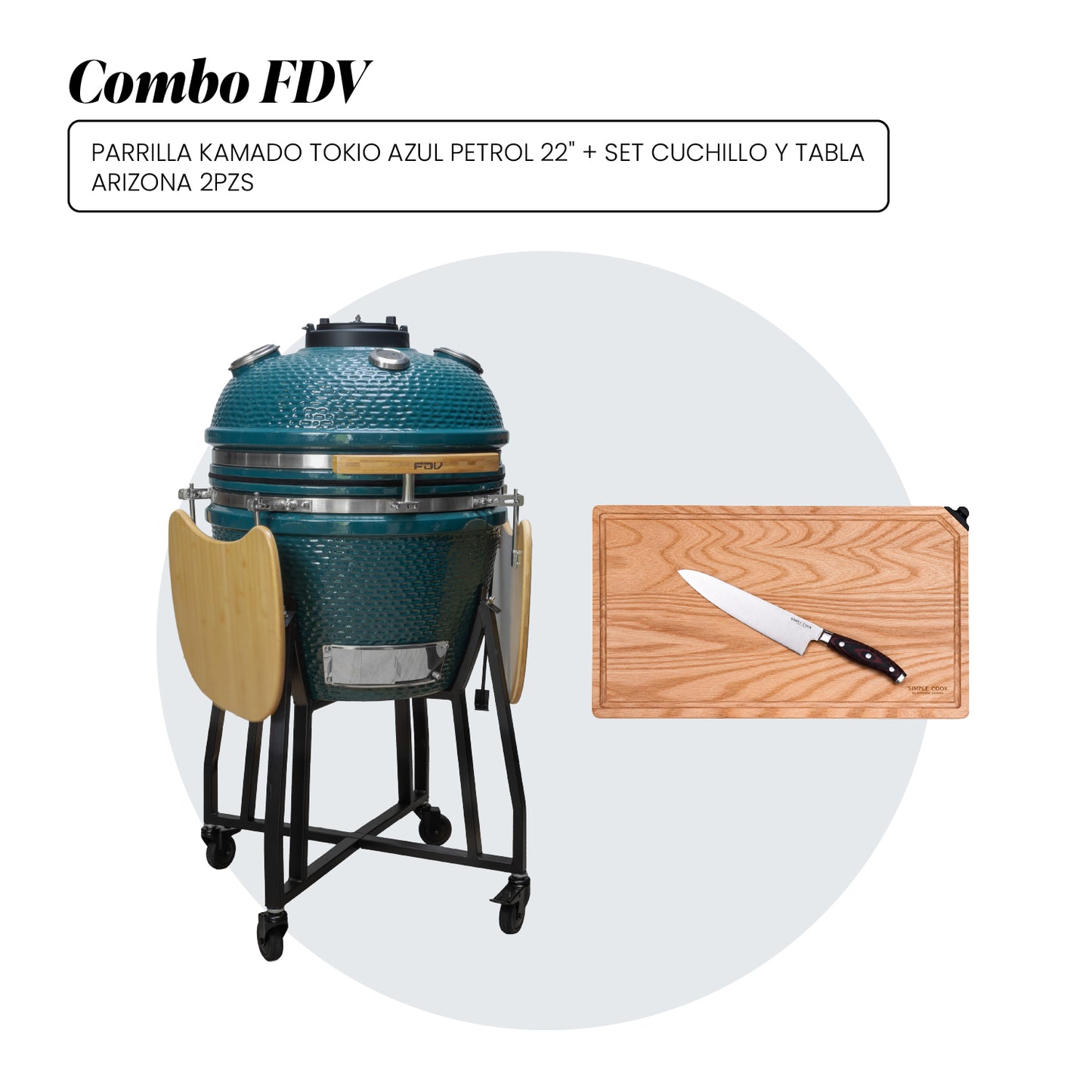 Combo Parrilla Kamado Tokio Azul Petrol 22" + Set Cuchillo y Tabla Arizona 2Pzas FDV