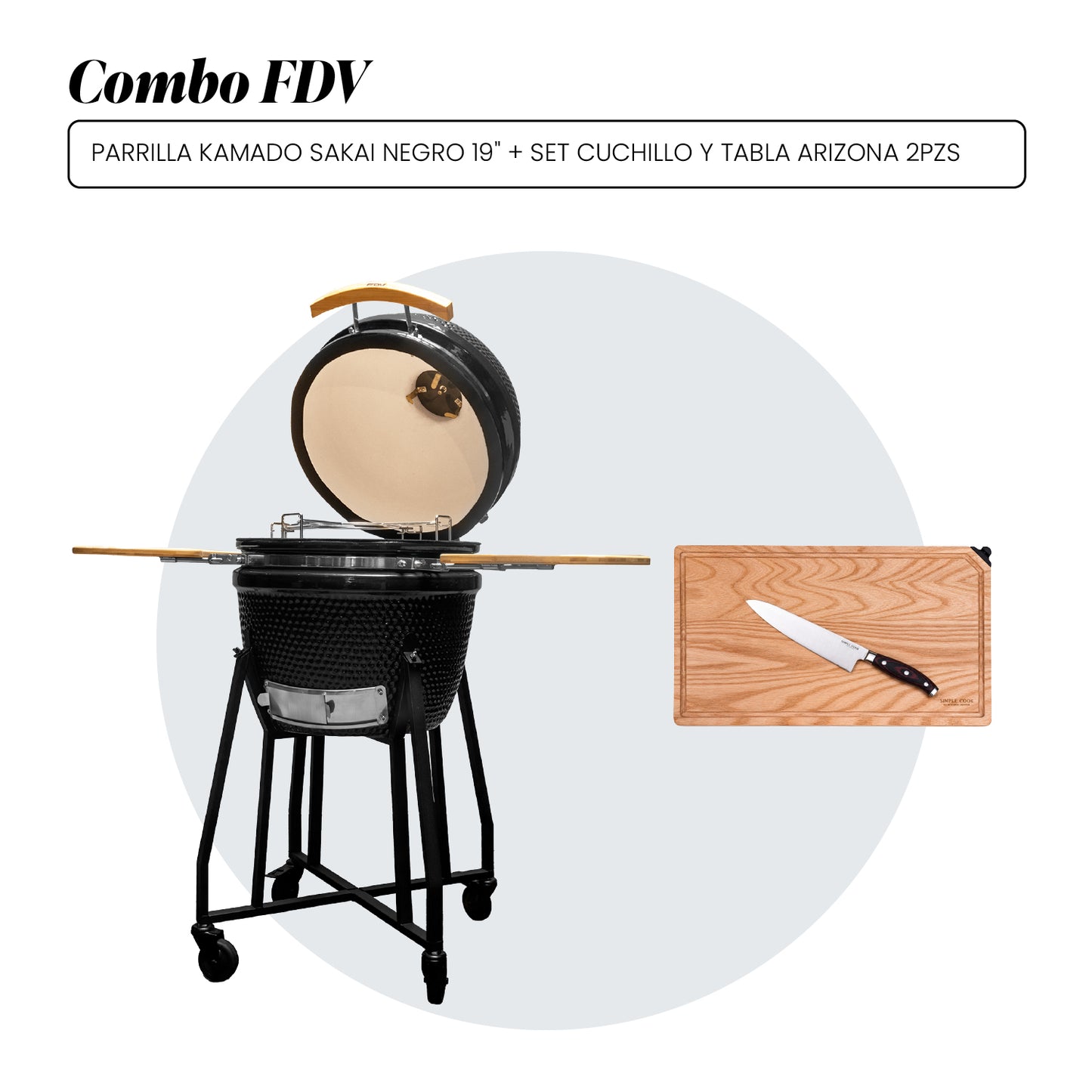 Combo Parrilla Kamado Sakai Negro 19" + Set Cuchillo y Tabla 2 Piezas Arizona FDV