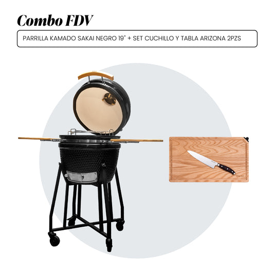 Combo Parrilla Kamado Sakai Negro 19" + Set Cuchillo y Tabla 2 Piezas Arizona FDV