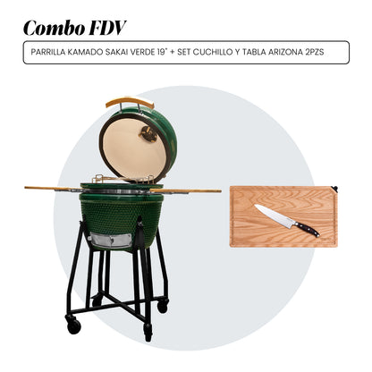 Combo Parrilla Kamado Sakai Verde 19" + Set Cuchillo y Tabla 2 Piezas Arizona FDV