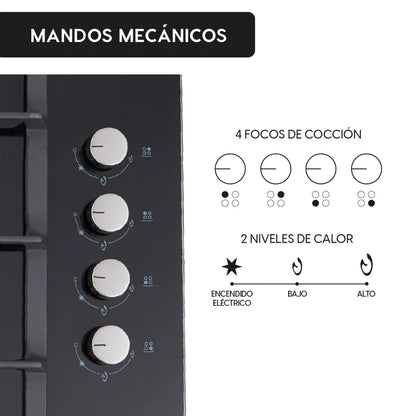 Encimera a Gas 4 Quemadores 60cm Crystal FDV