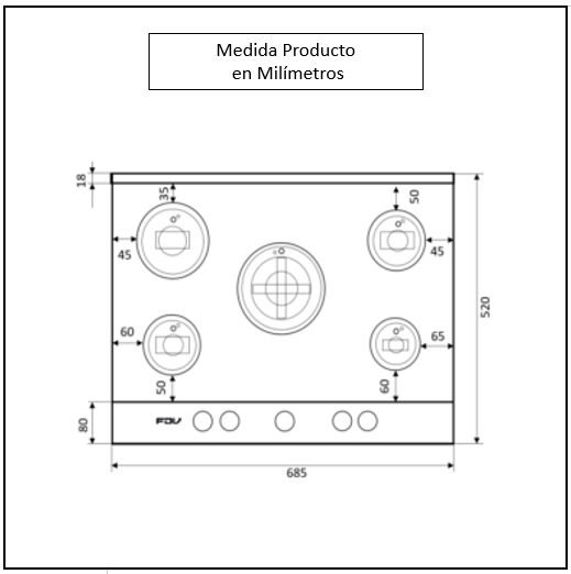 Encimera a Gas 5 Quemadores 70cm Deluxe Chef FDV