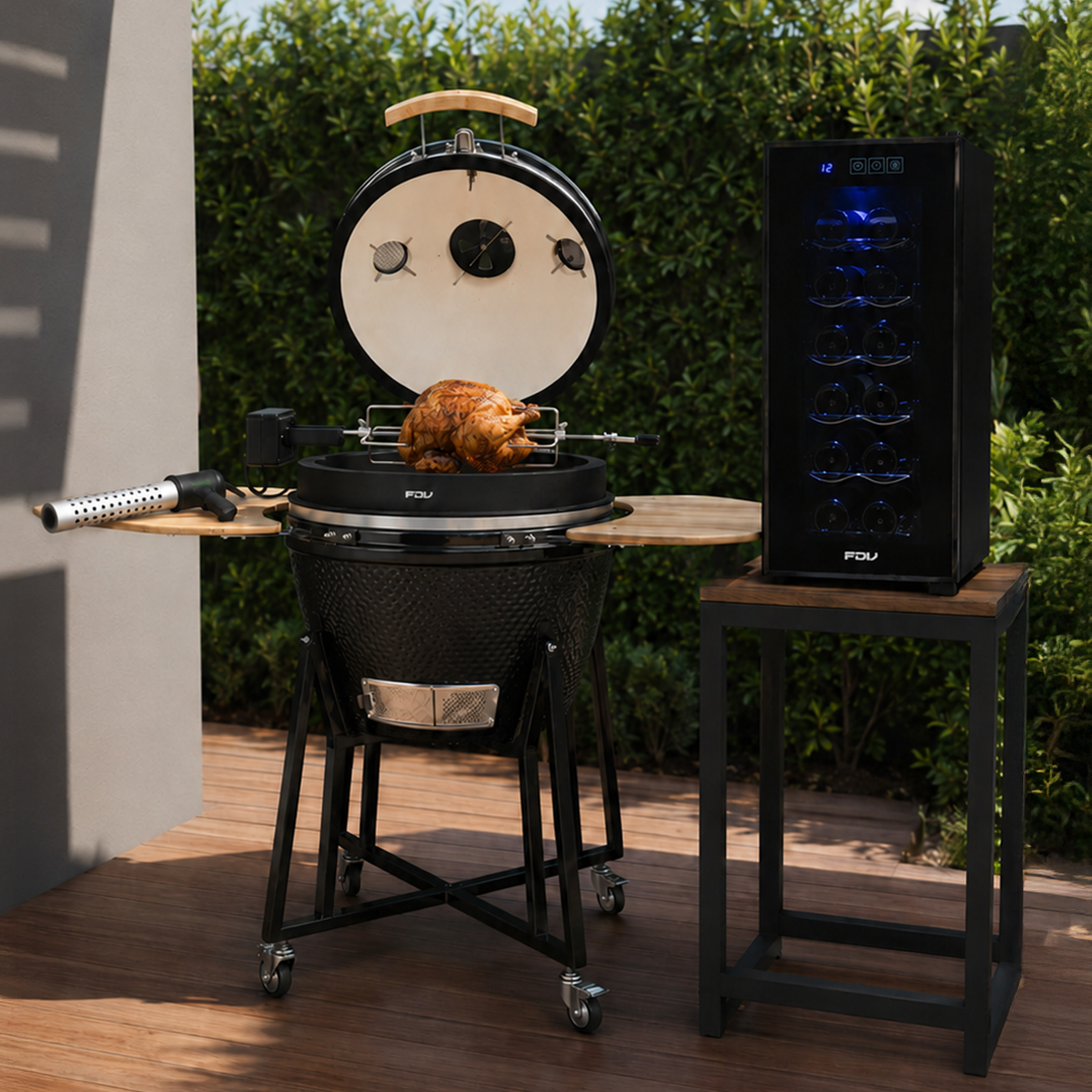 Combo Kamado Tokio 22" + Cava de Vinos Digital 12 Botellas + Encendedor Eléctrico de Carón + Rosticero para Parrilla Kamado 22" FDV