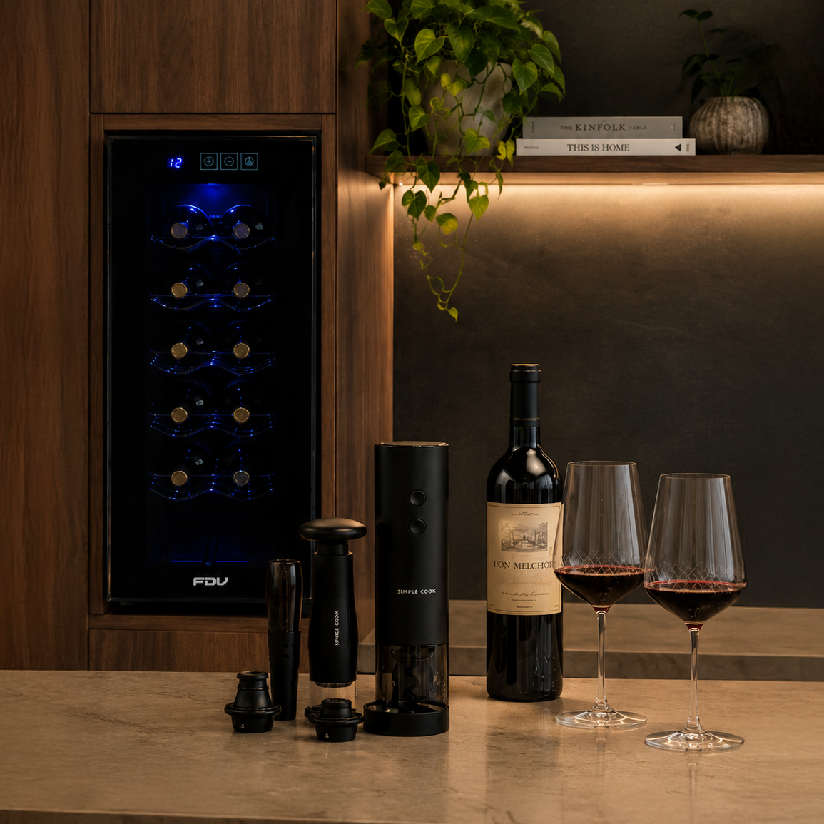 Combo Cava de Vinos 12 Botellas Digital + Set 6 Copas de Vino Talladas + Set Descorchador Grand 5 Piezas FDV