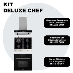 Kit Encimera 60cm Deluxe Chef + Campana 60cm Deluxe Chef + Horno Electrico 52L Elite Touch