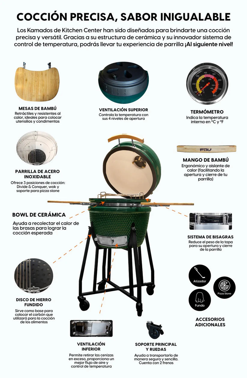 Combo Parrilla Kamado Sakai Verde 19" FDV + Encendedor Eléctrico de Carbon para Parrilla Charcoal SimpleCook