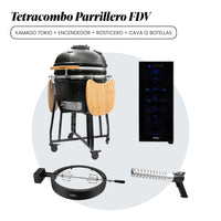 Combo Kamado Tokio 22" + Cava de Vinos Digital 12 Botellas + Encendedor Eléctrico de Carón + Rosticero para Parrilla Kamado 22" FDV