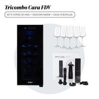 Combo Cava de Vinos 12 Botellas Digital + Set 6 Copas de Vino Talladas + Set Descorchador Grand 5 Piezas FDV