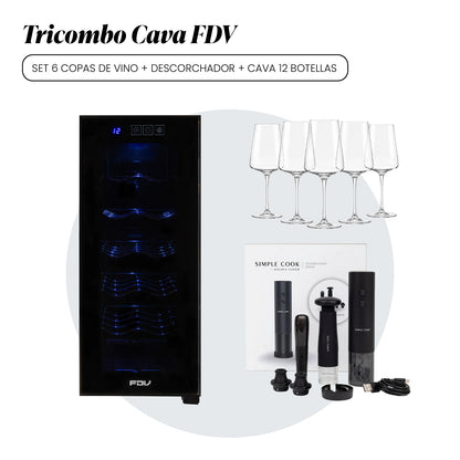 Combo Cava de Vinos 12 Botellas Digital + Set 6 Copas de Vino Talladas + Set Descorchador Grand 5 Piezas FDV