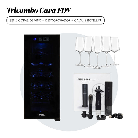 Combo Cava de Vinos 12 Botellas Digital + Set 6 Copas de Vino Talladas + Set Descorchador Grand 5 Piezas FDV