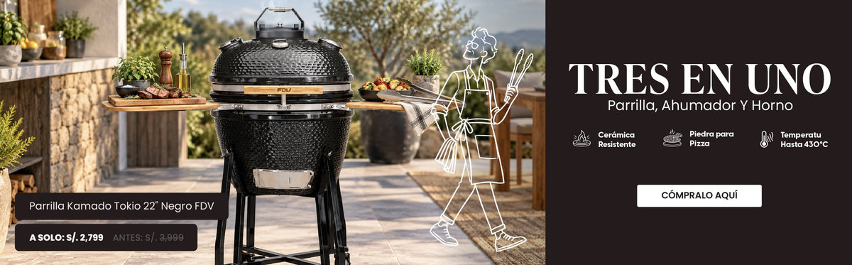 Parrilla Kamado Tokio 22" Negro FDV, tres en uno: parrilla, ahumador y horno