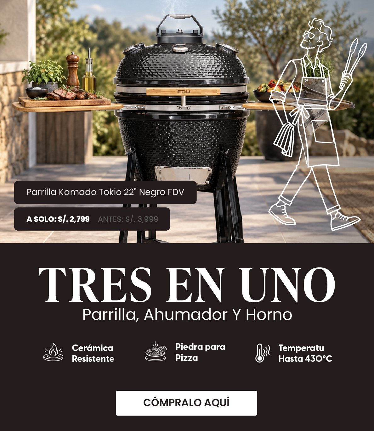 Parrilla Kamado Tokio 22" Negro FDV, tres en uno: parrilla, ahumador y horno