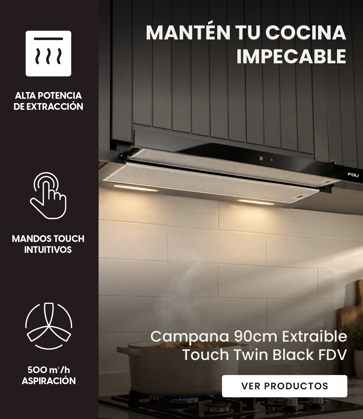 Campana Extractora 90cm Extraíble Touch Twin Black FDV
