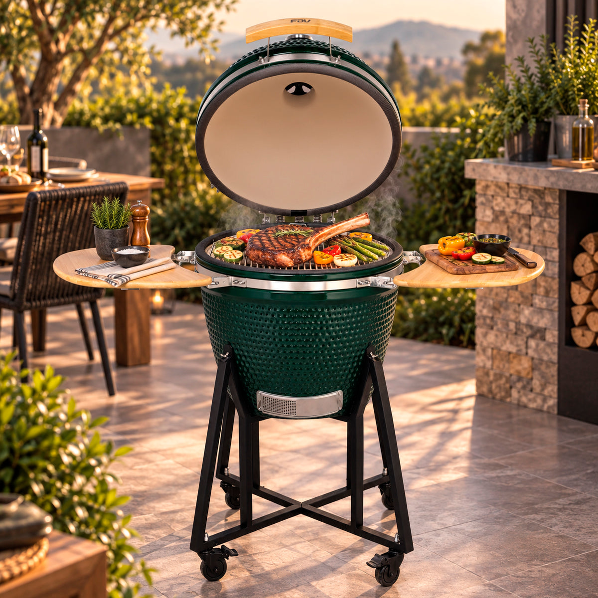 Combo Parrilla Kamado Tokio 23" Verde + Cava de Vinos 12 Botellas Digital FDV