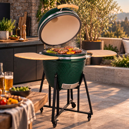 Parrilla Kamado Tokio 23" Verde FDV con la tapa abierta
