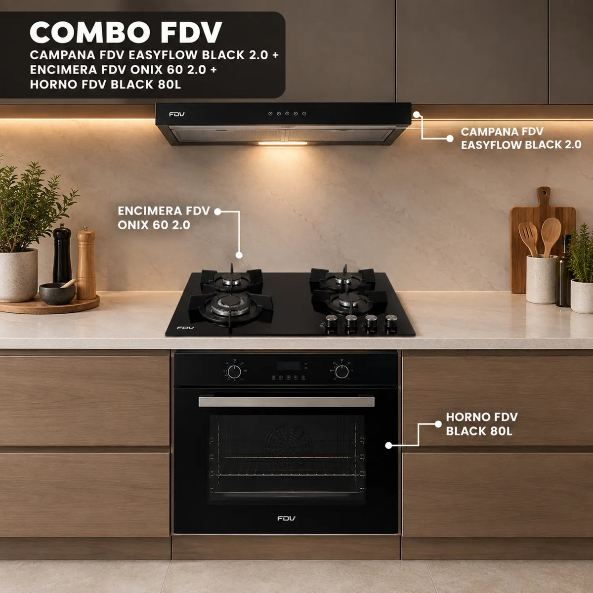 Tricombo FDV: Campana EasyFlow Black 2.0, Encimera Onix 60 2.0 y Horno Black 80L