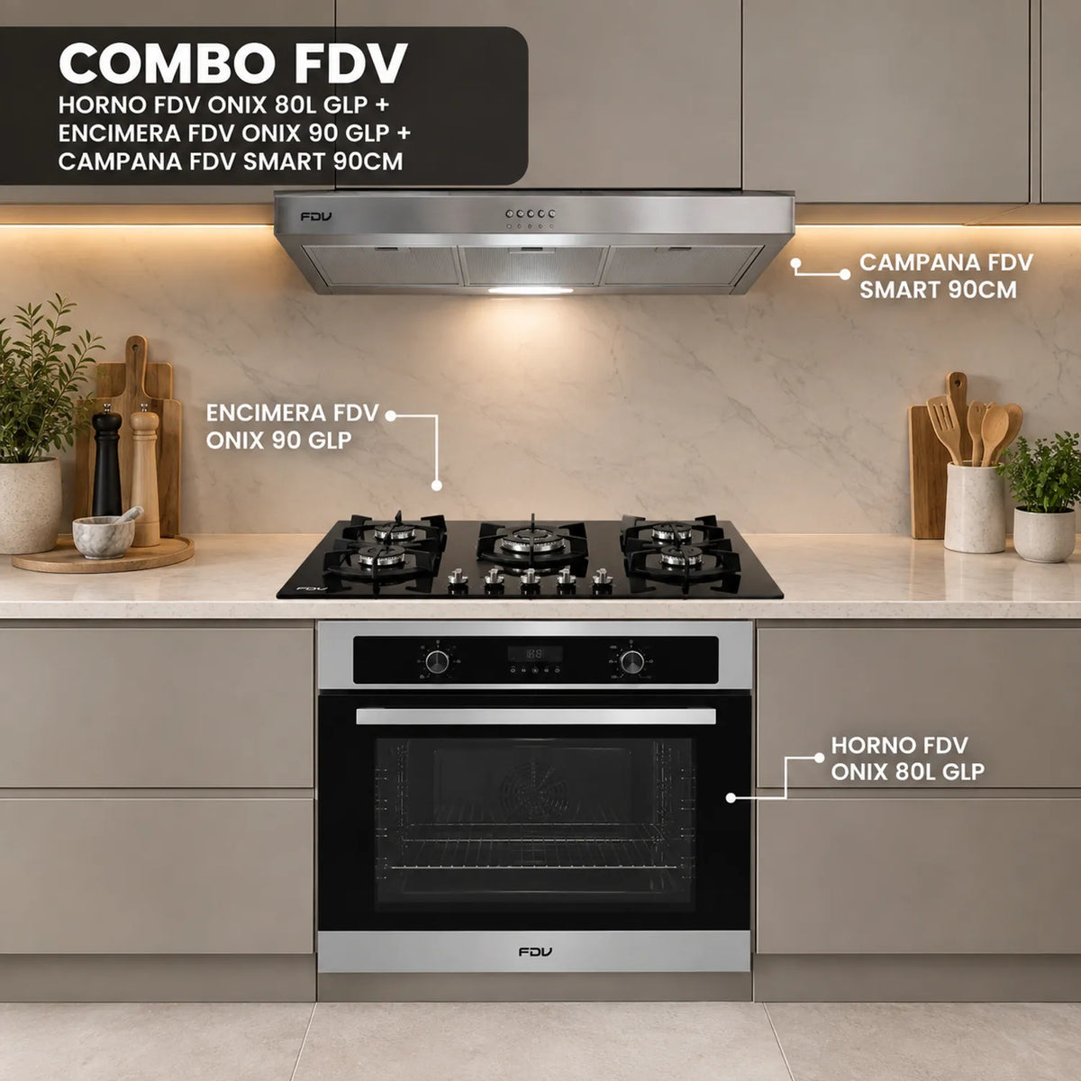Tricombo FDV: Campana Slim Smart 90, Encimera Onix 90 y Horno Onix 80L